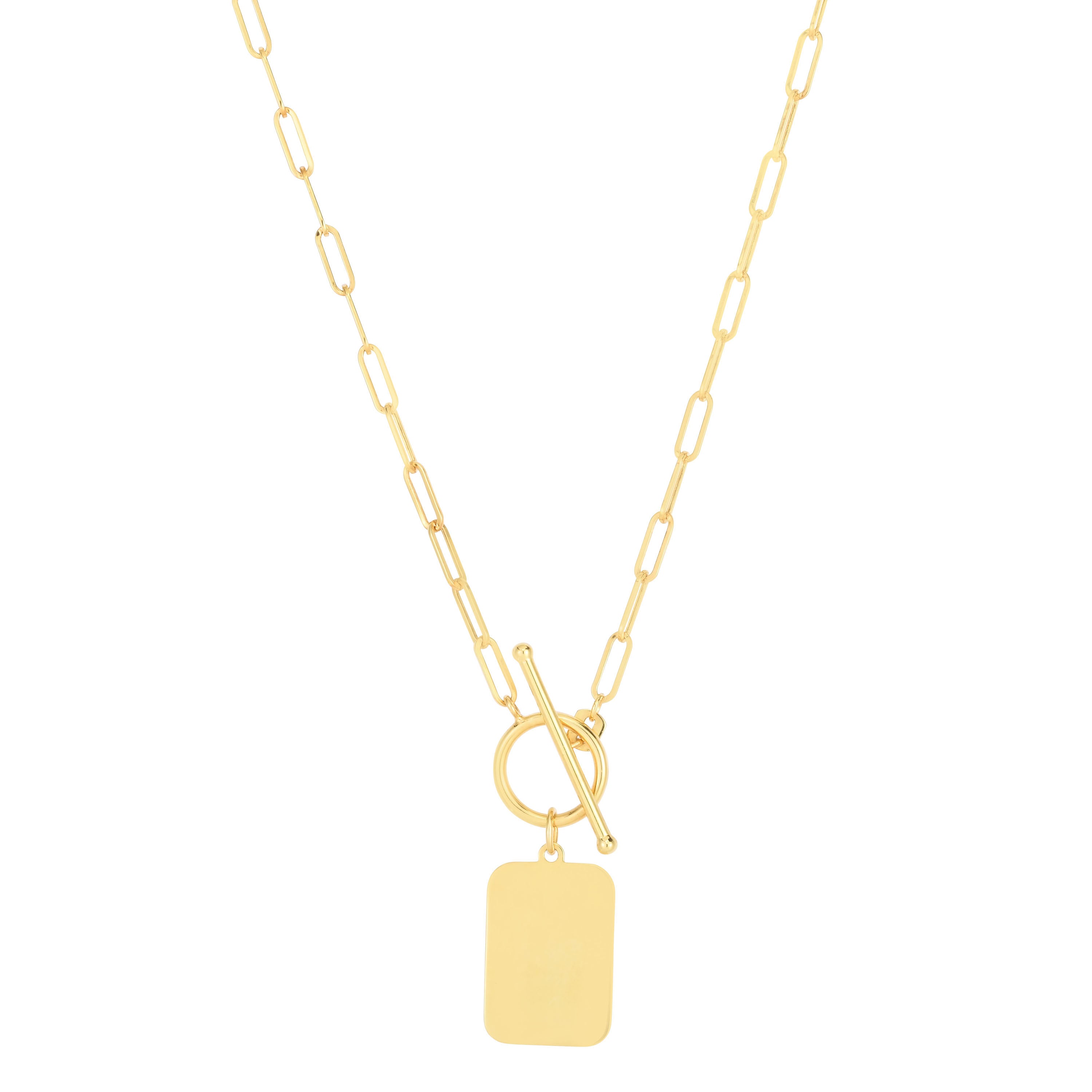 14k gold necklace with a rectangular tag pendant, symbolizing strength, simplicity, and modern elegance.