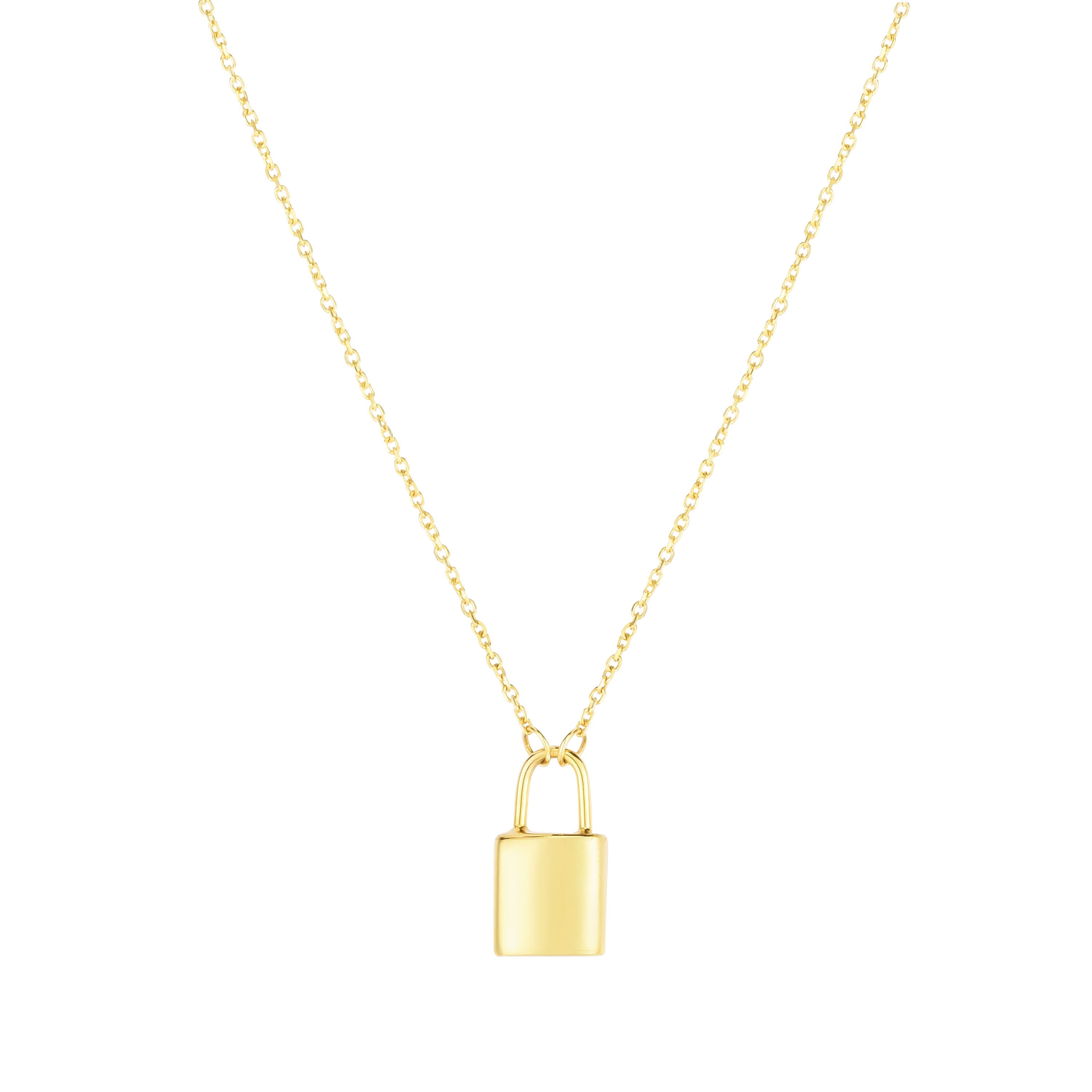 14k gold padlock necklace symbolizing security, strength, and meaningful connections.
