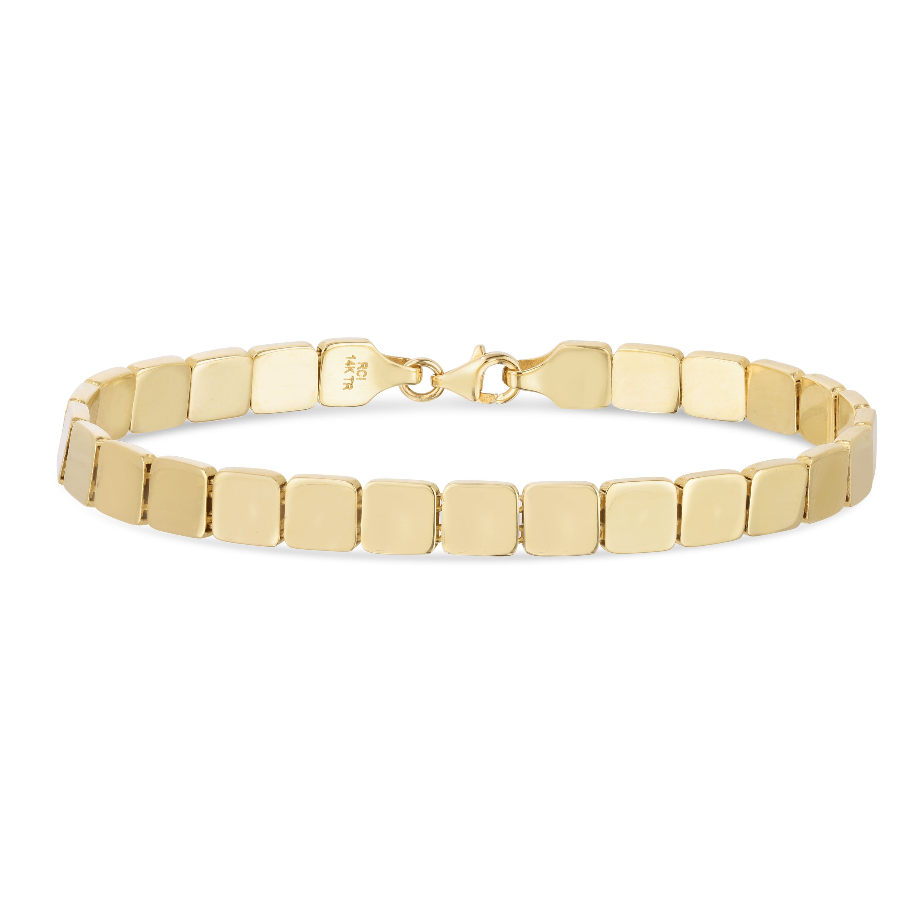 14k gold square link bracelet with polished surface, representing enduring connections and sophistication.