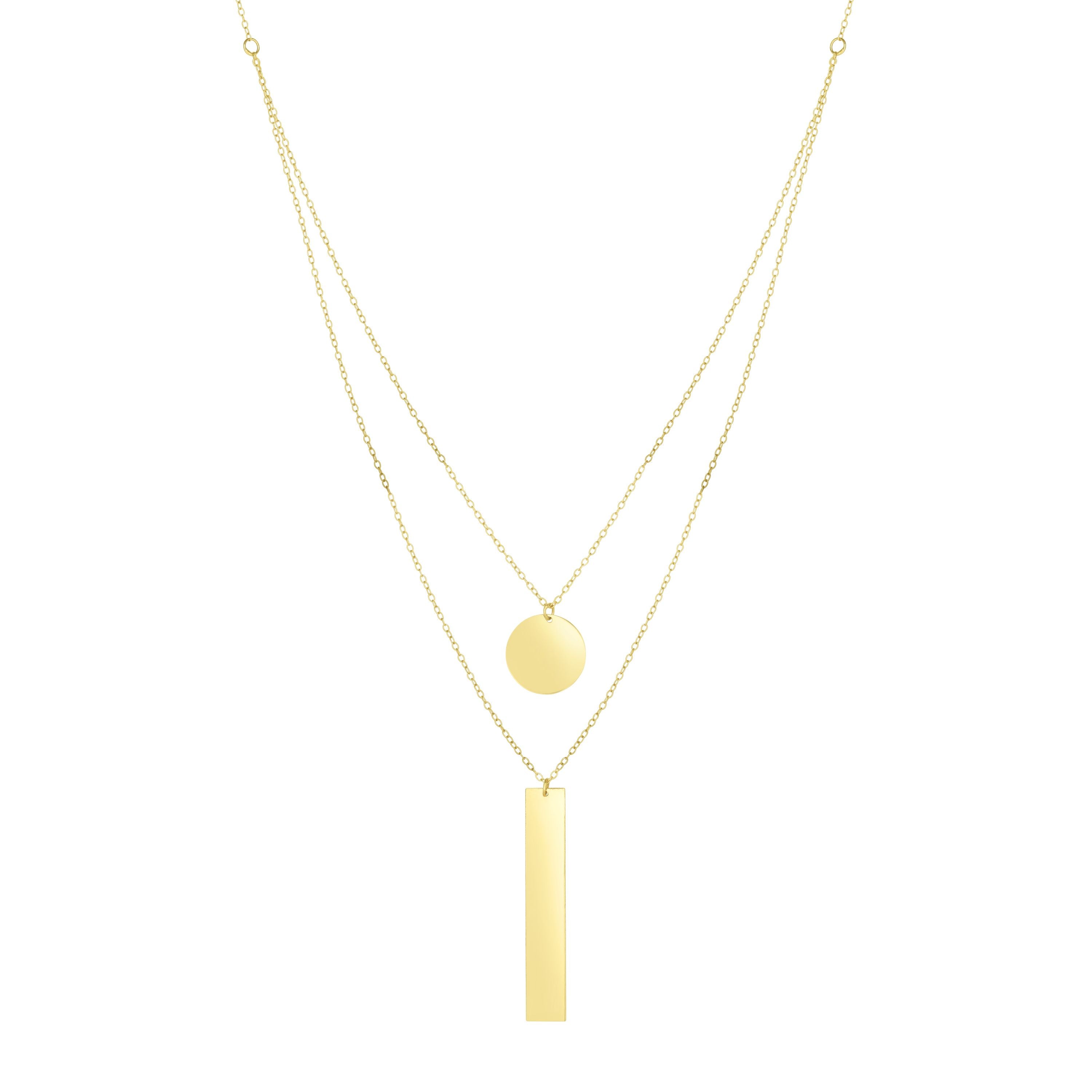 14k gold layered necklace with a smooth disc and vertical bar, symbolizing balance and duality.