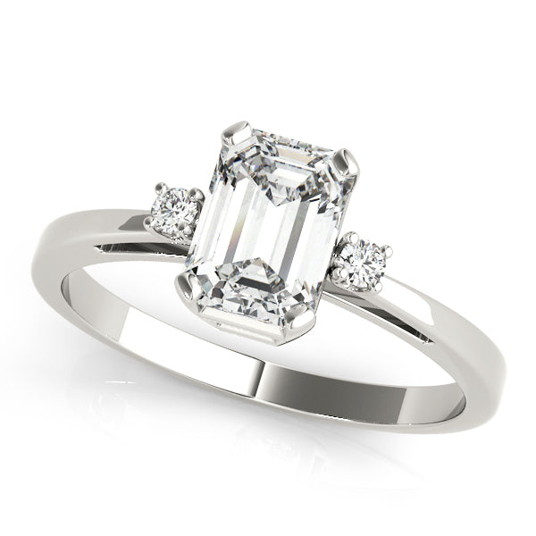 14k gold emerald cut diamond three-stone engagement ring featuring lab-grown diamonds.