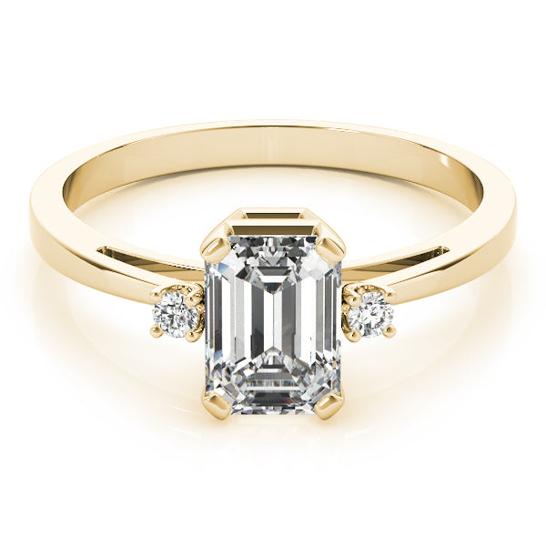 14k gold emerald cut diamond three-stone engagement ring featuring lab-grown diamonds.