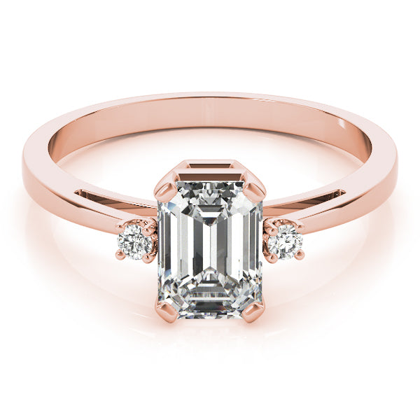 14k gold emerald cut diamond three-stone engagement ring featuring lab-grown diamonds.