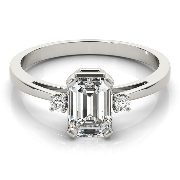 14k gold emerald cut diamond three-stone engagement ring featuring lab-grown diamonds.