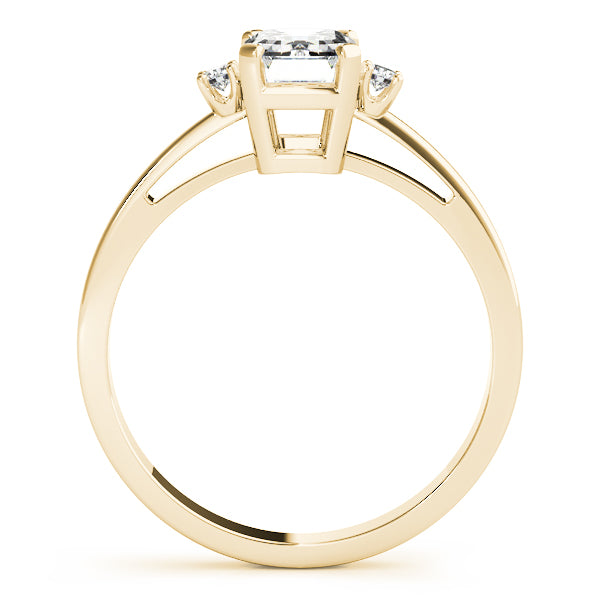 14k gold emerald cut diamond three-stone engagement ring featuring lab-grown diamonds.
