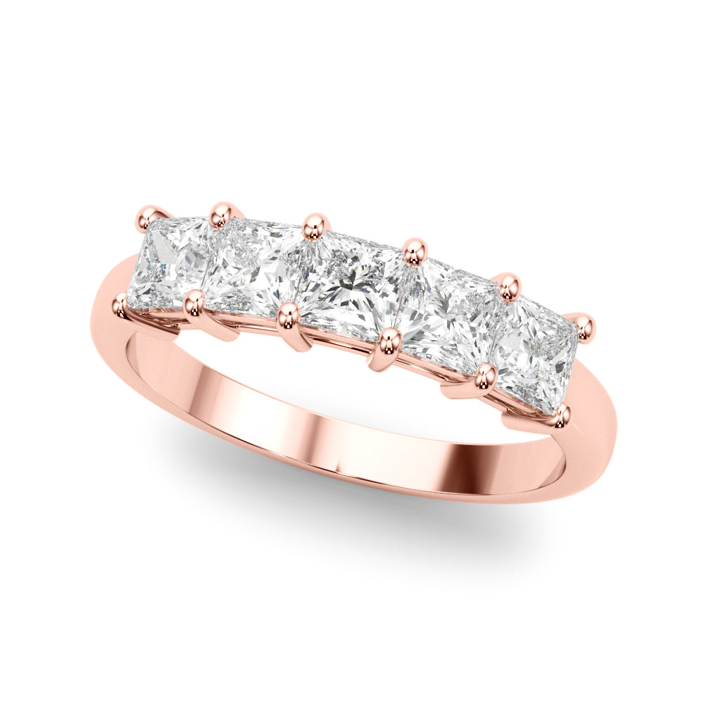14k gold ring featuring five princess-cut lab-grown diamonds in a linear design.