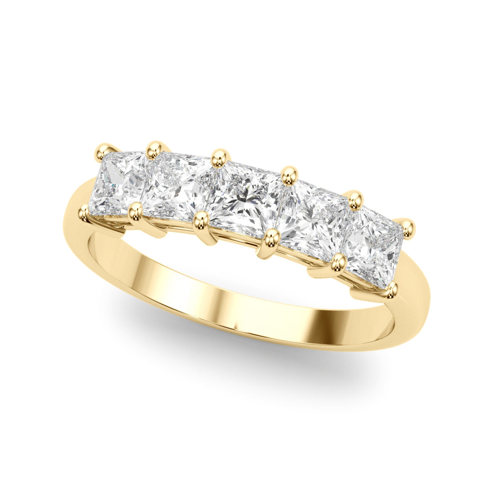 14k gold ring featuring five princess-cut lab-grown diamonds in a linear design.