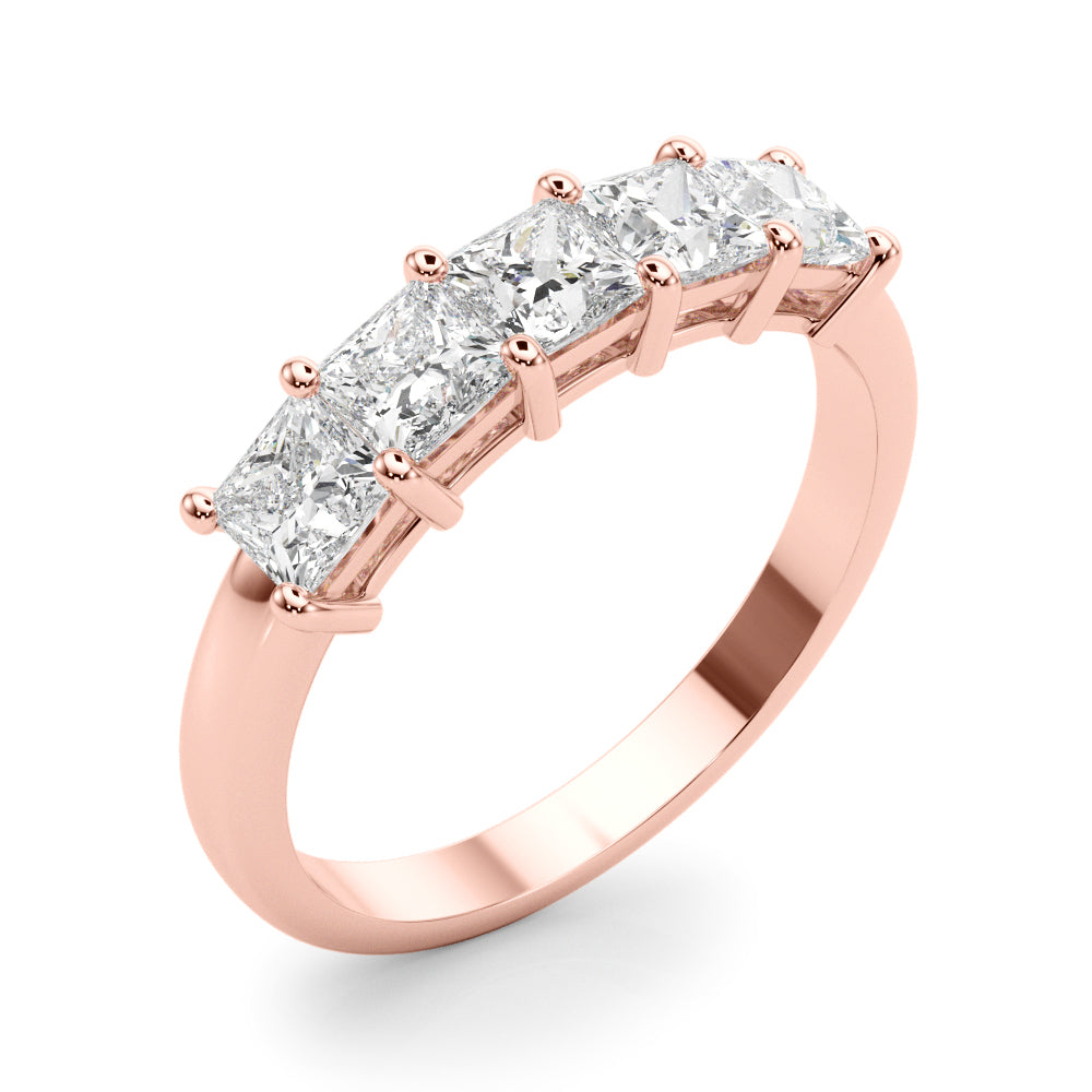 14k gold ring featuring five princess-cut lab-grown diamonds in a linear design.