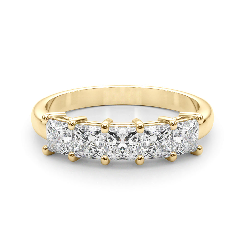 14k gold ring featuring five princess-cut lab-grown diamonds in a linear design.