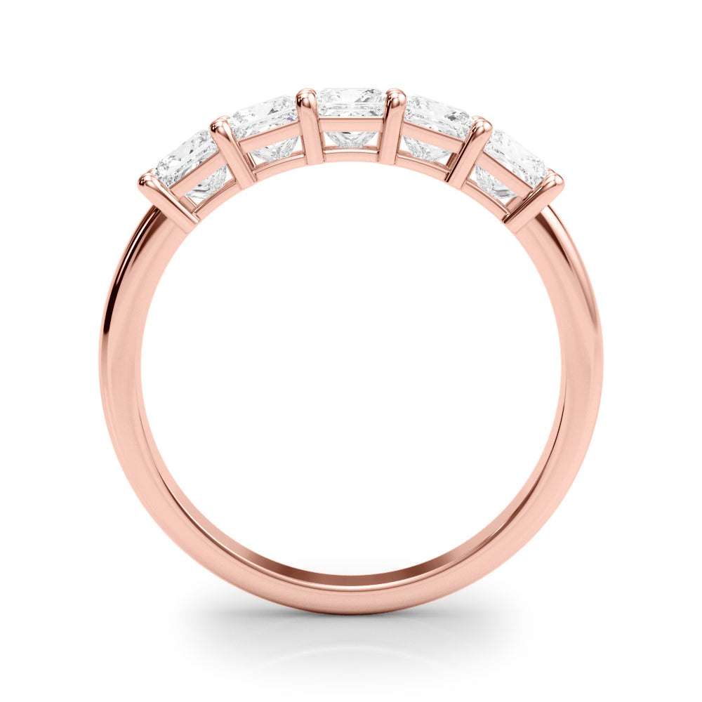 14k gold ring featuring five princess-cut lab-grown diamonds in a linear design.